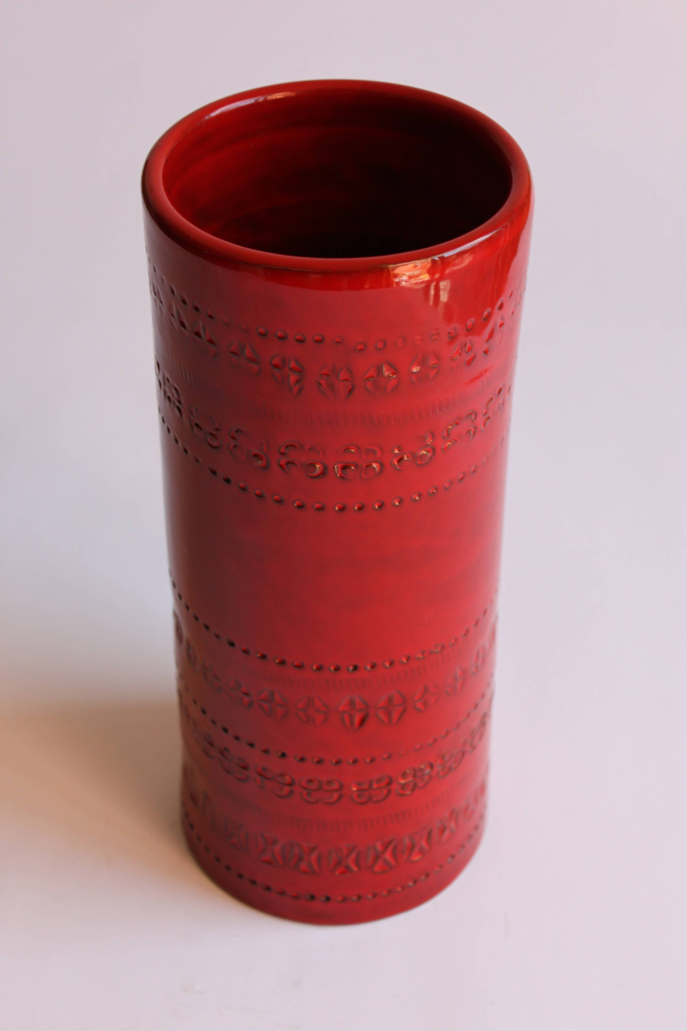 Cylindrical red ceramic vase by Aldo Londi for Bitossi, Italy