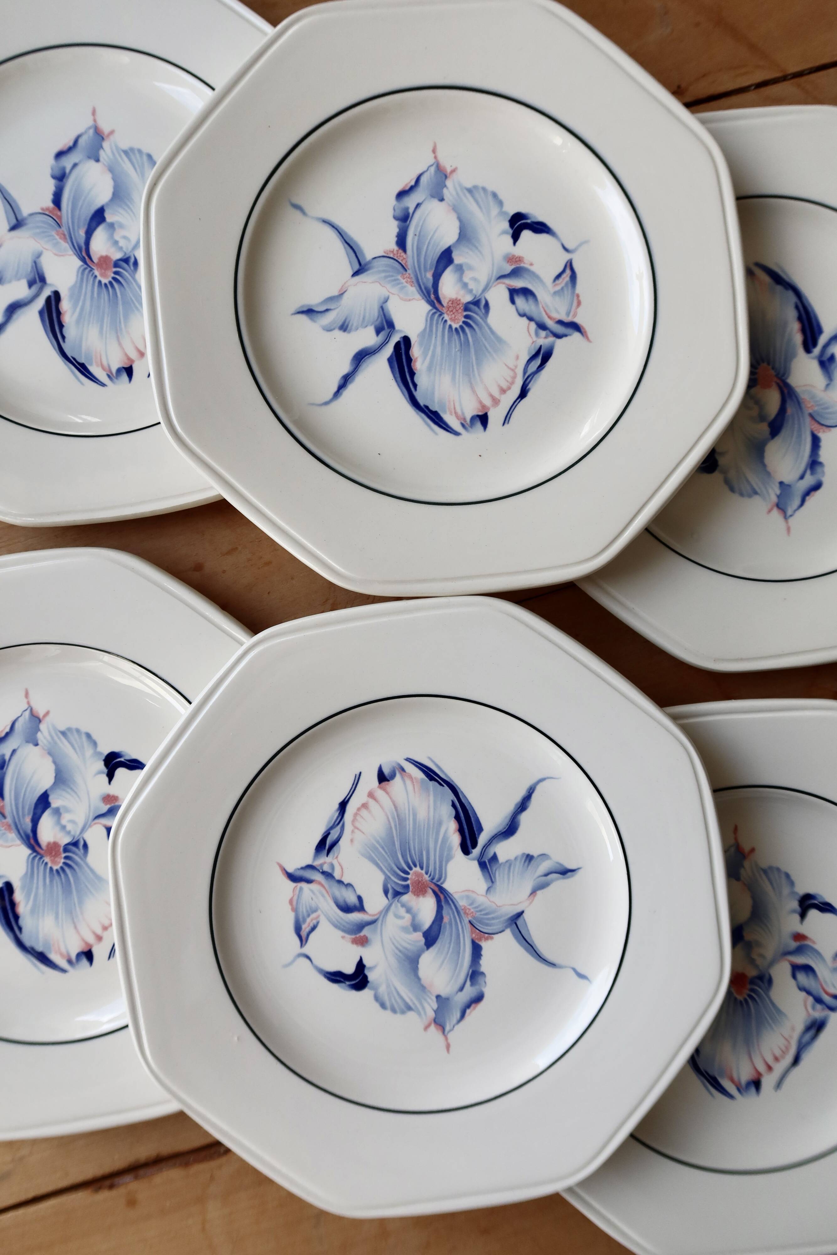 6 vintage dessert plates earthenware Moulin des Loups - Iris pattern