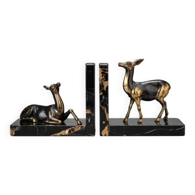 Paire de serre-livres biches en marbre noir et métal doré – Style Art Déco