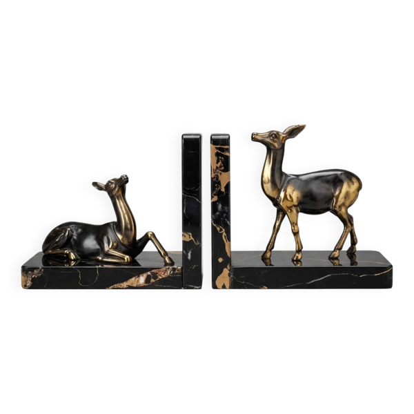 Paire de serre-livres biches en marbre noir et métal doré – Style Art Déco