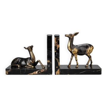 Pair of deer bookends in black marble and gold metal – Art Deco style