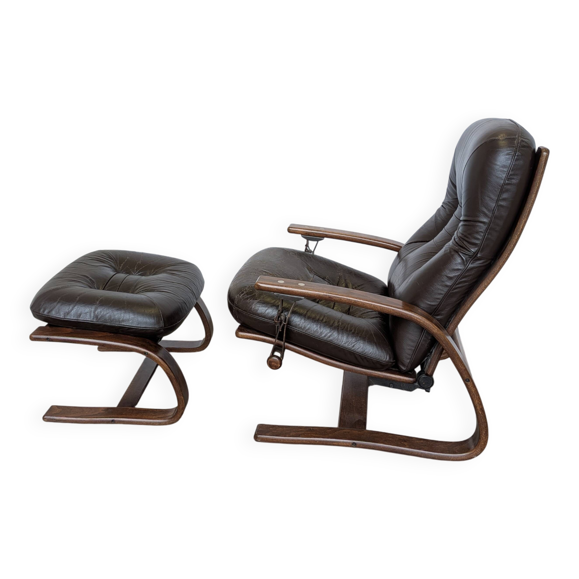 Vintage Panther Lounge Chair with Ottoman / Brown Leather Recliner Armchair