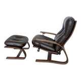 Vintage Panther Lounge Chair with Ottoman / Brown Leather Recliner Armchair