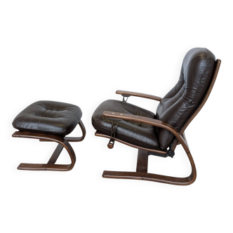 Vintage Panther Lounge Chair with Ottoman / Brown Leather Recliner Armchair