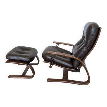 Vintage Panther Lounge Chair with Ottoman / Brown Leather Recliner Armchair