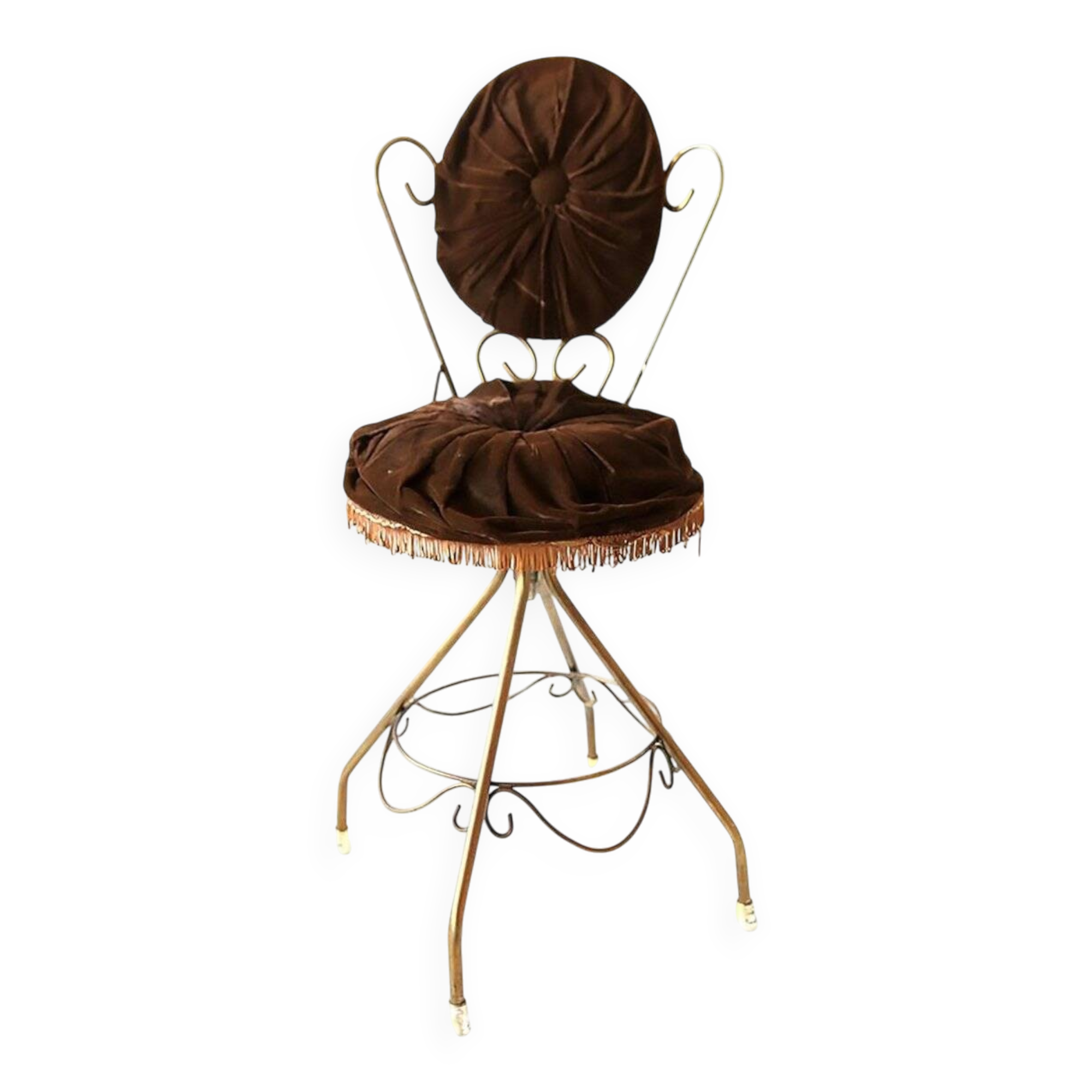 1960s vanity chair in chocolate brown velvet and gold brass — boudoir style