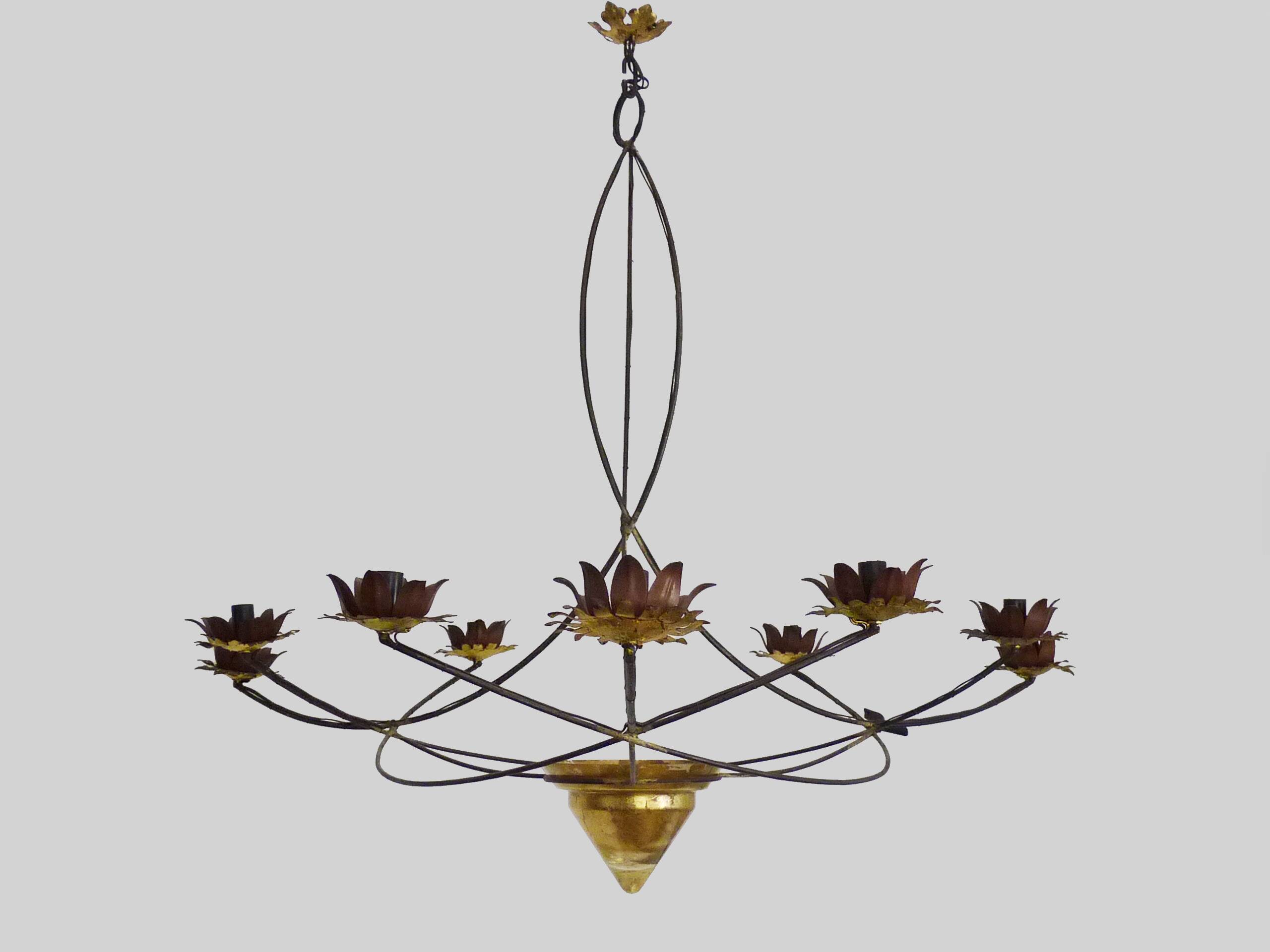 Very large chandelier with 9 metal bulbs and gold leaf cup