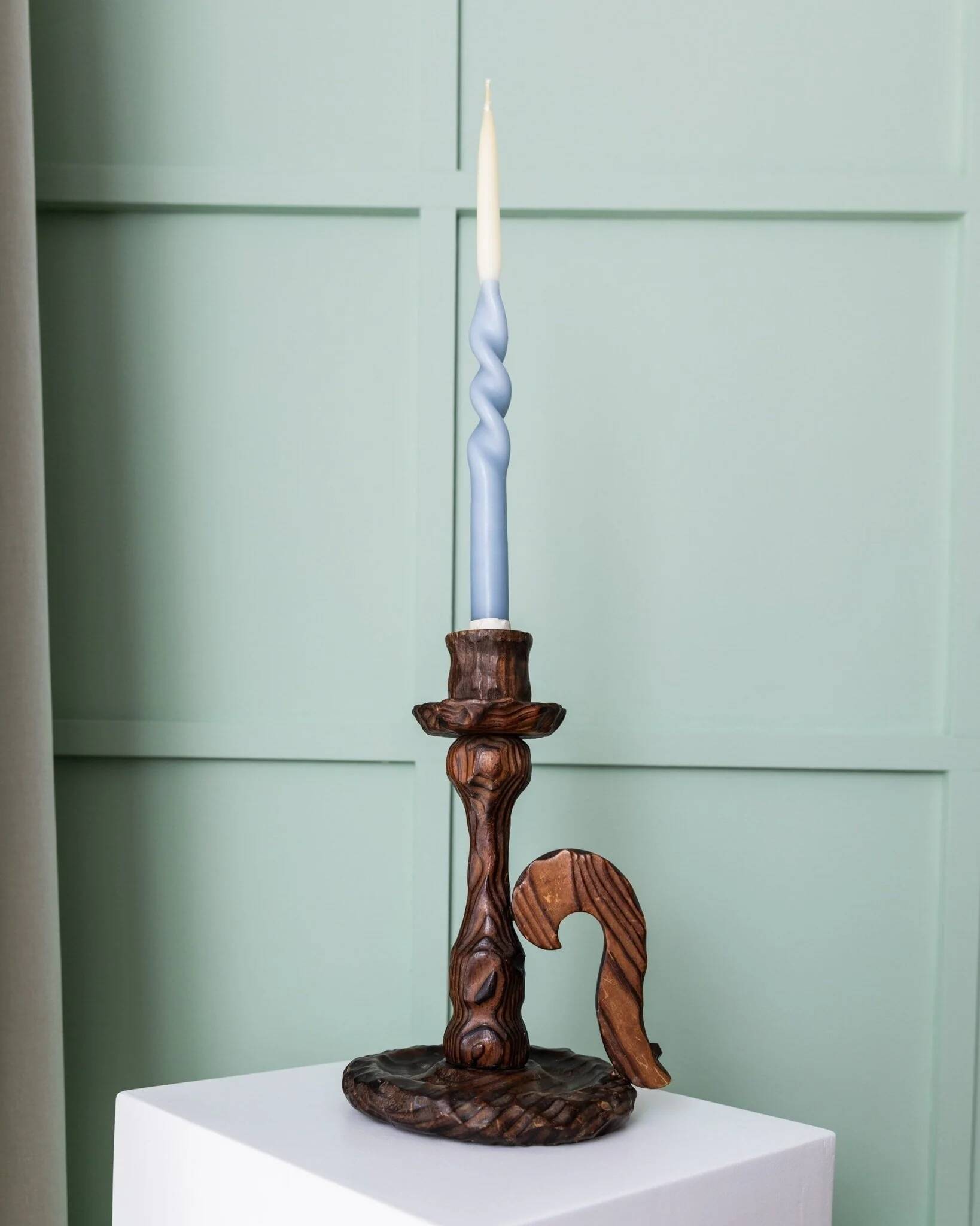 Brutalist carved wood candle holder, dark brown with lighter highlights, made in Italy, 1940s