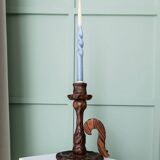 Brutalist carved wood candle holder, dark brown with lighter highlights, made in Italy, 1940s