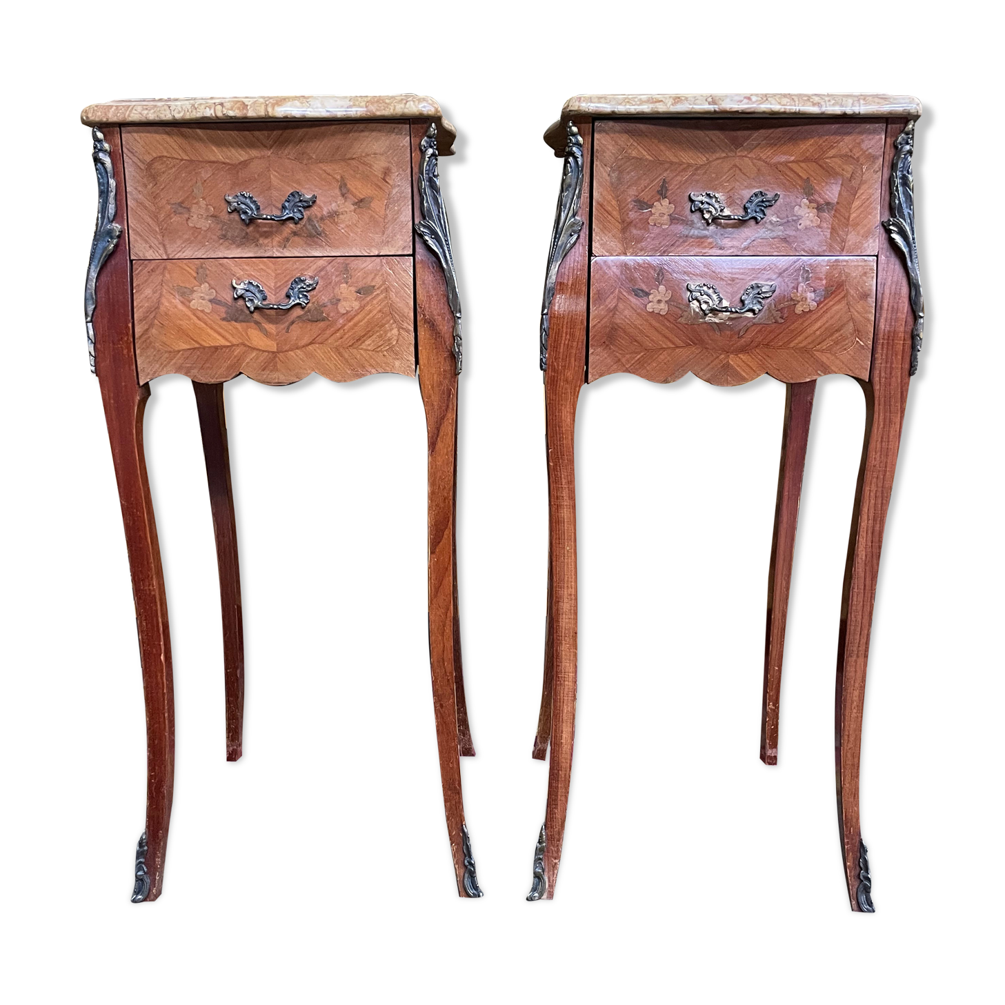 Pair of Louis XV style bedside tables in marquetry