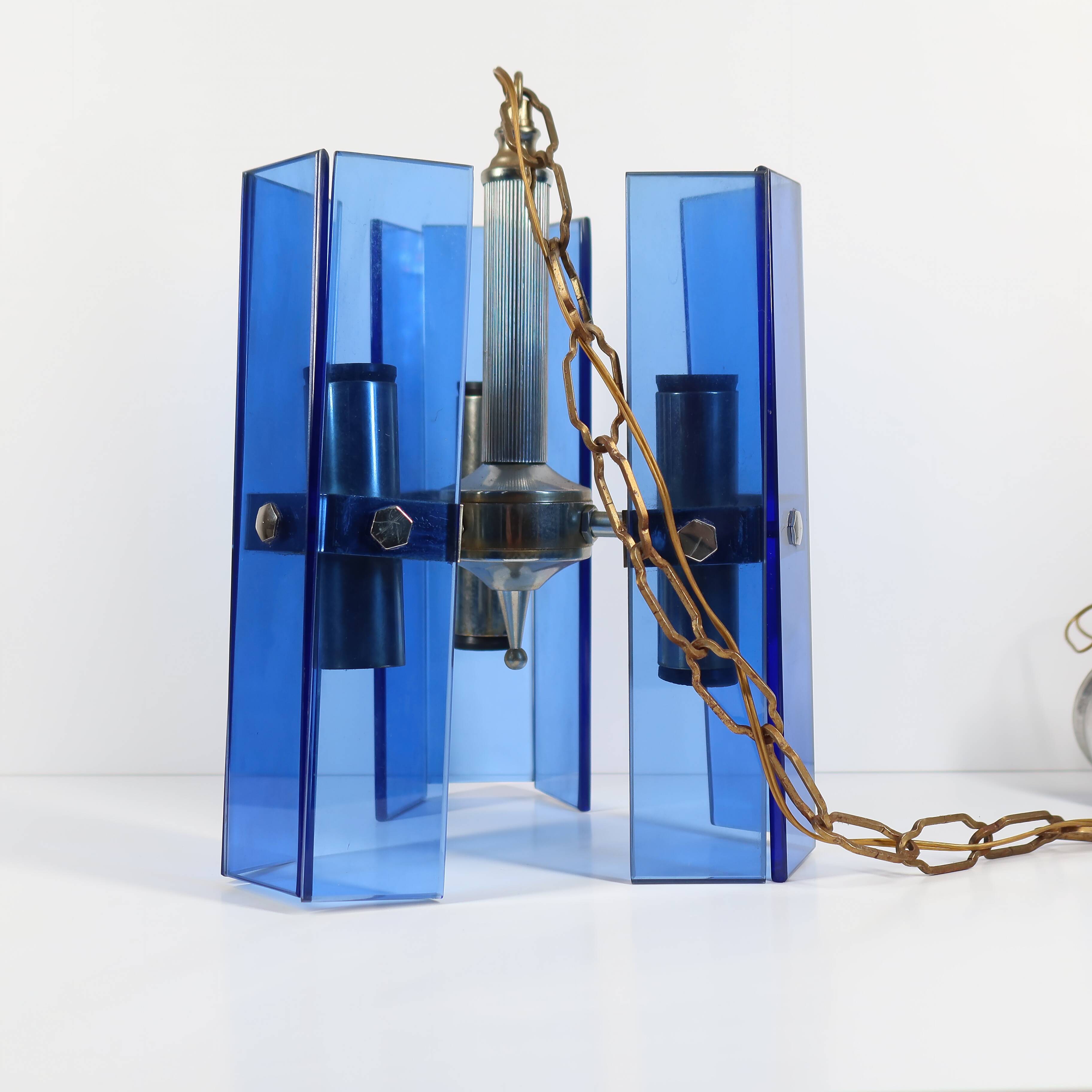 Vintage Italian pendant light in blue glass, Fontana Arte style, 1970s