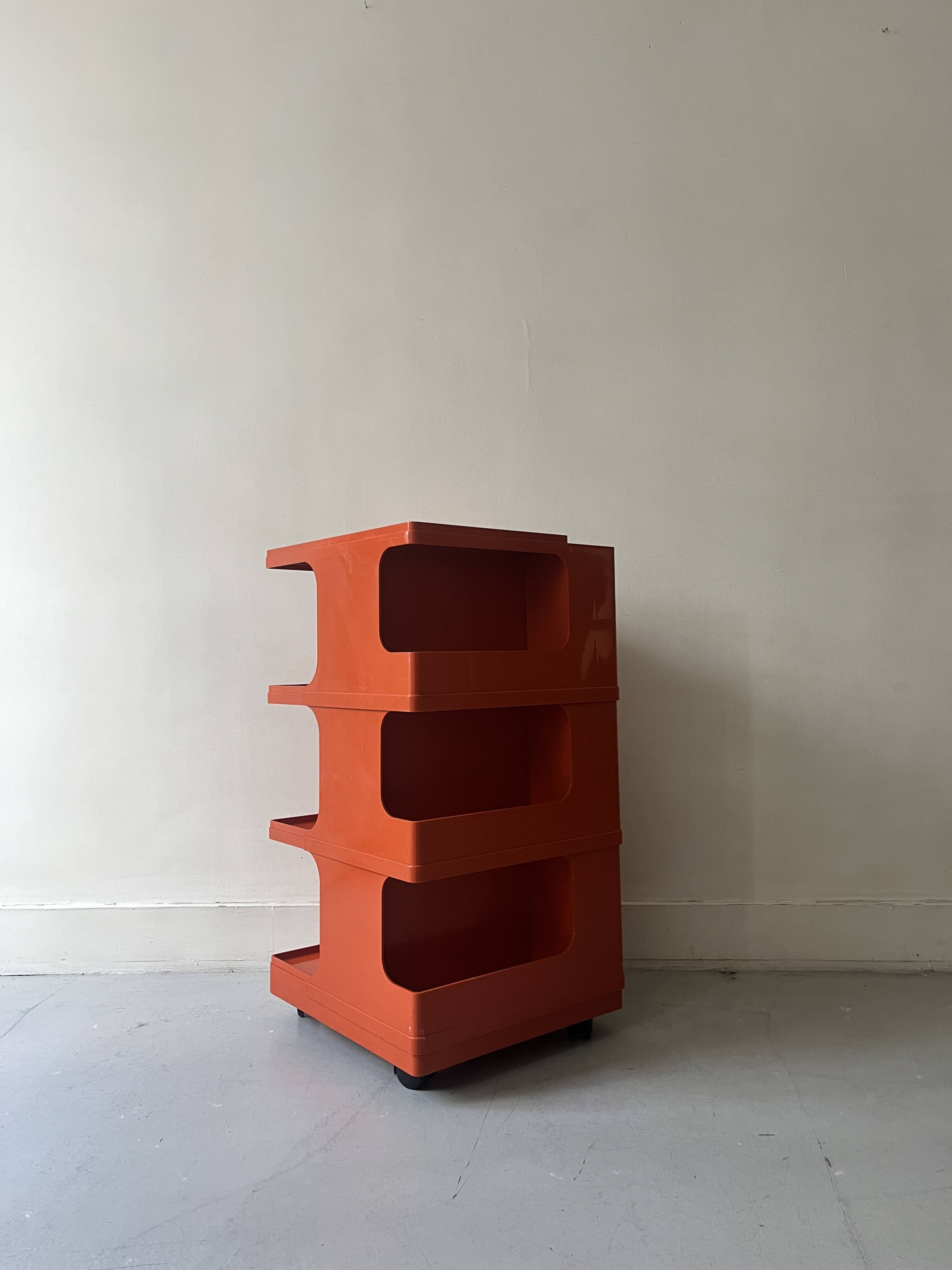 Multi-storage design serving trolley in orange abs, Stile italy 1970