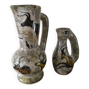 Rare set of 2 jugs signed by Jacqueline Gelb – Animal-themed ceramics