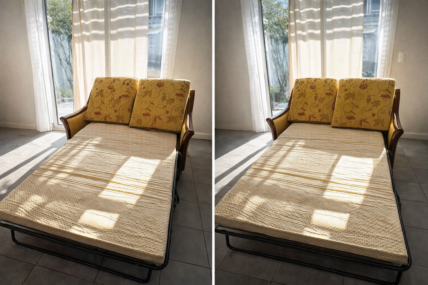 Canapé convertible 2 places en bois et tissu floral jaune, années 1970