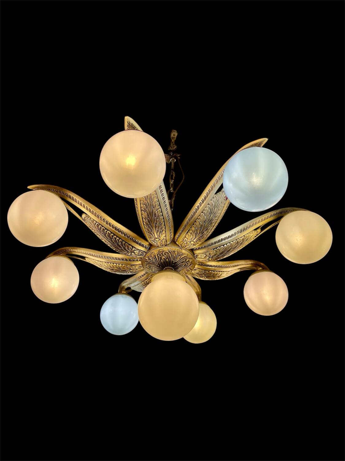 Large Art Deco bronze chandelier with 9 opaline globes, France 1935.