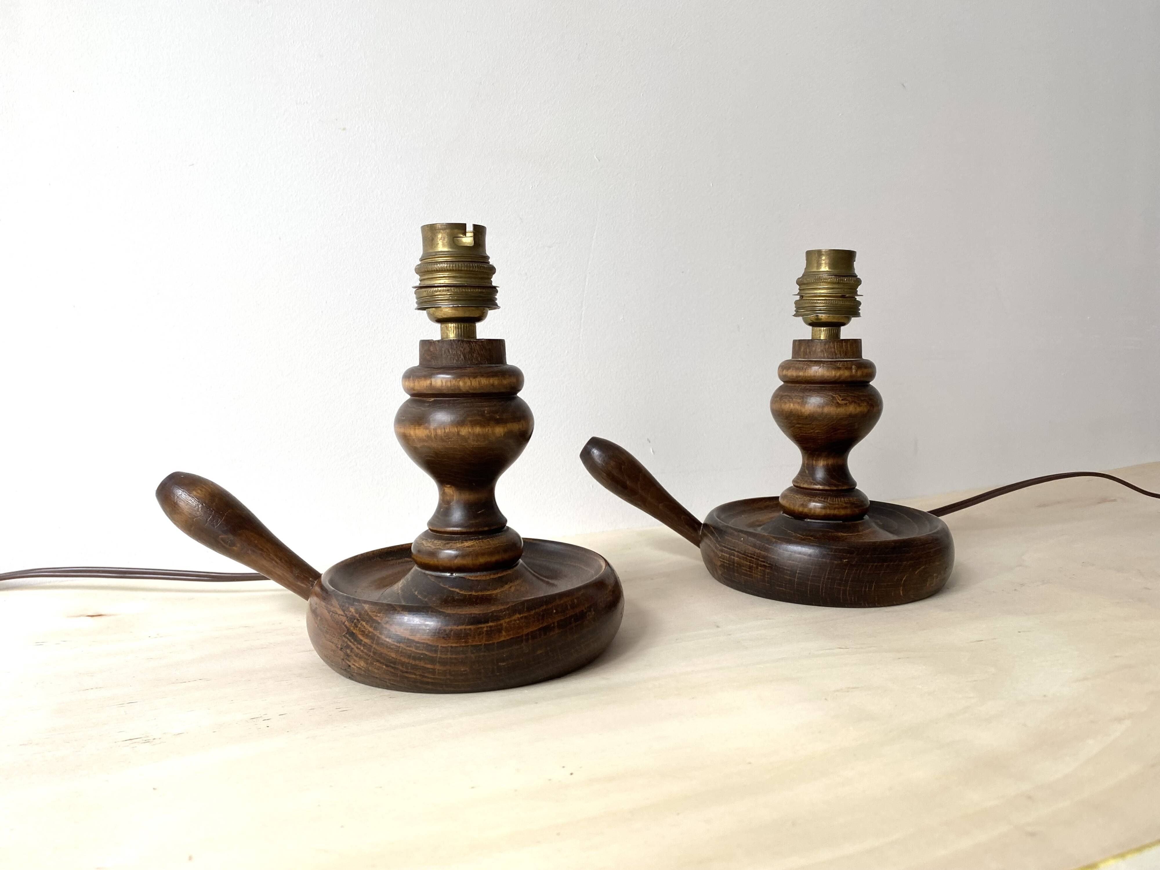 Pair of 50s turned wooden candlestick lamps, vintage lighting fixtures, rustic lamp bases