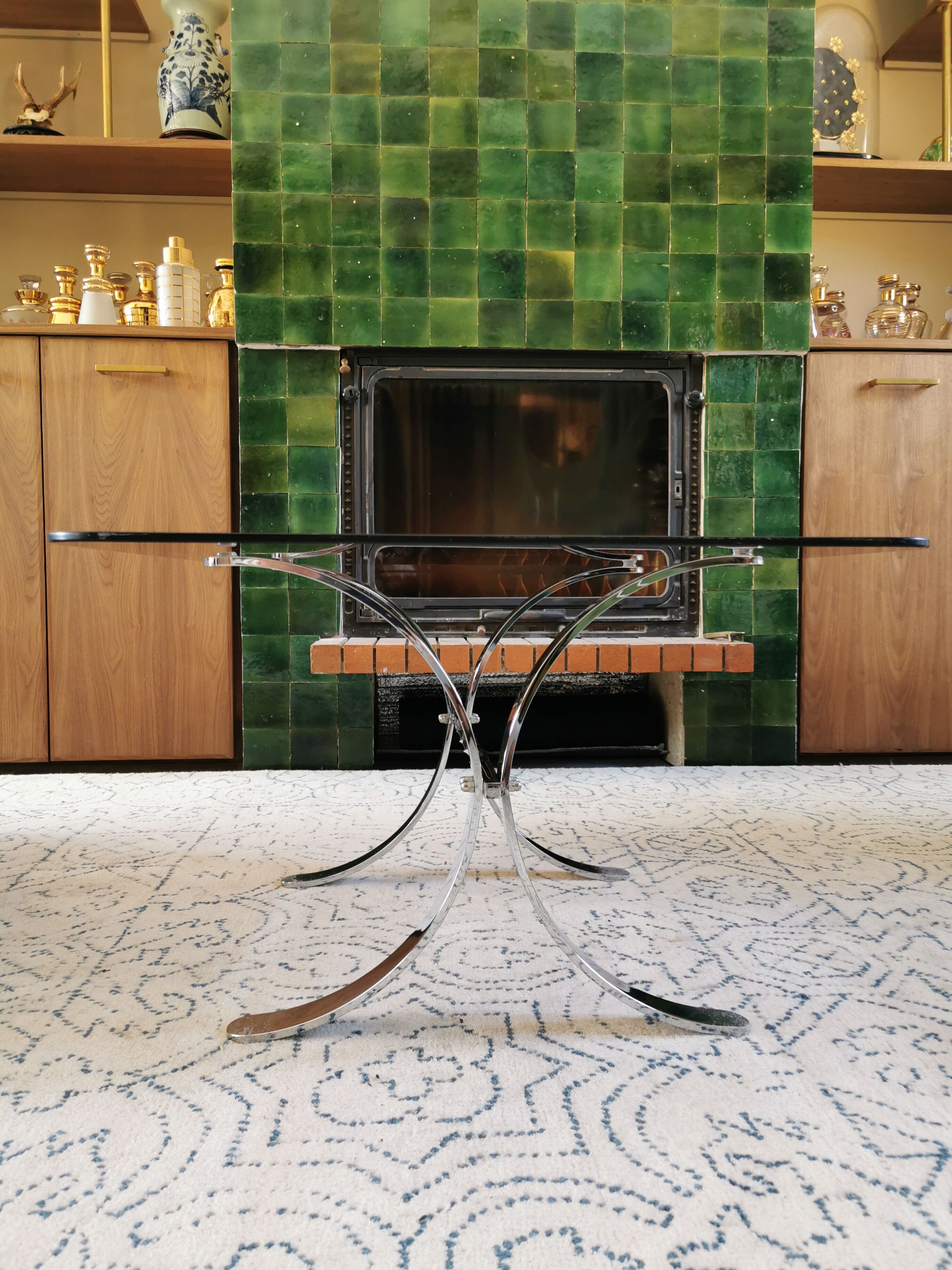 Vintage coffee table 70s in chrome metal and tinted glass