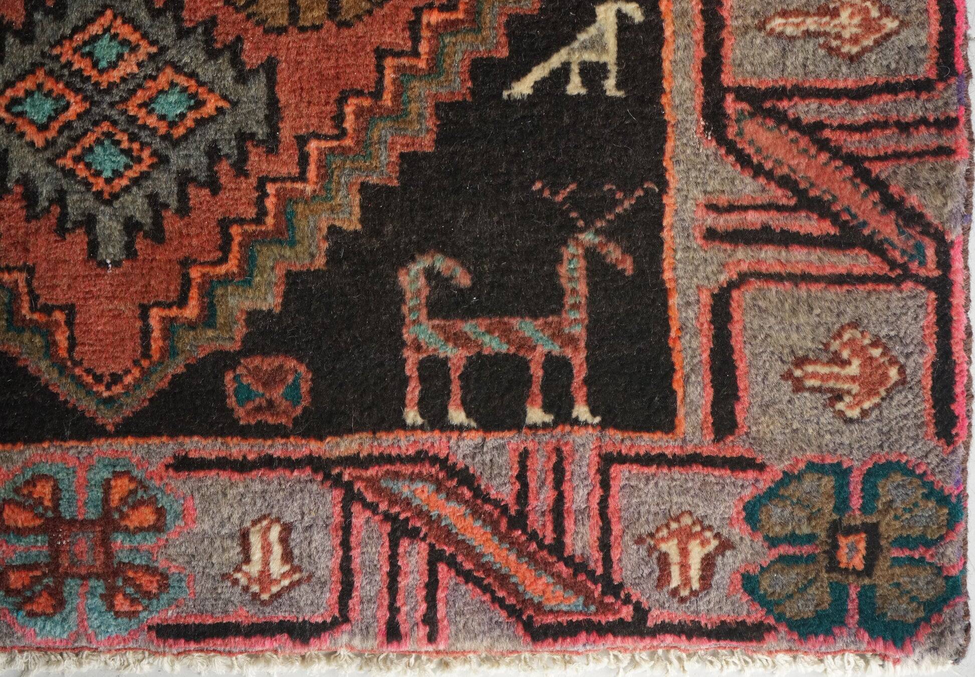 Unusual Signed Hand woven vintage rug - Tribal with animal motifs