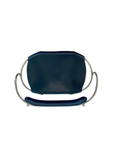Contemporary sculptural bar stool c. Aged Silver Metal Backrest and Navy Blue Leather