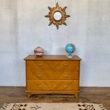 Commode vintage à 3 tiroirs pieds compas en chêne clair