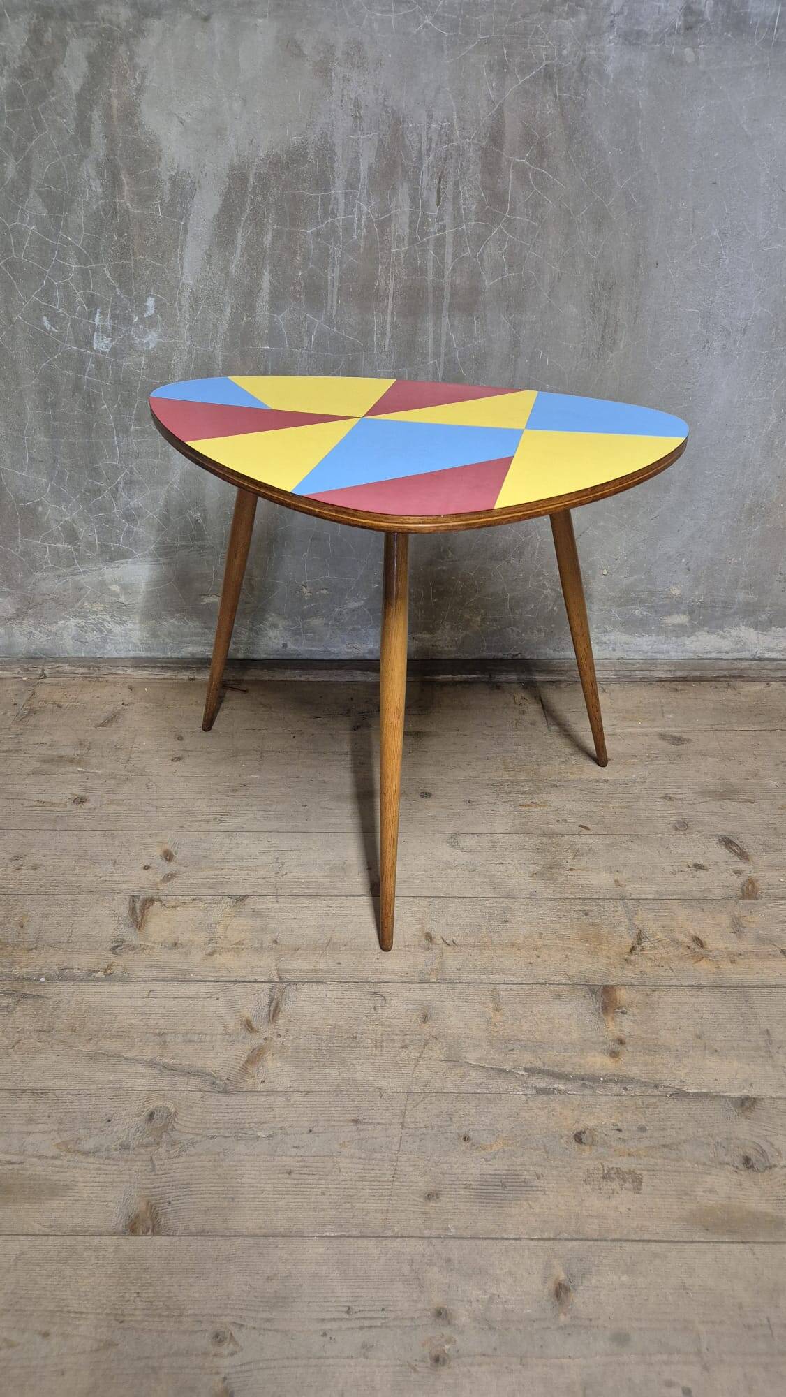 Czechoslovak table in Brussels style, made of oak and colourful umakart, 1950s.