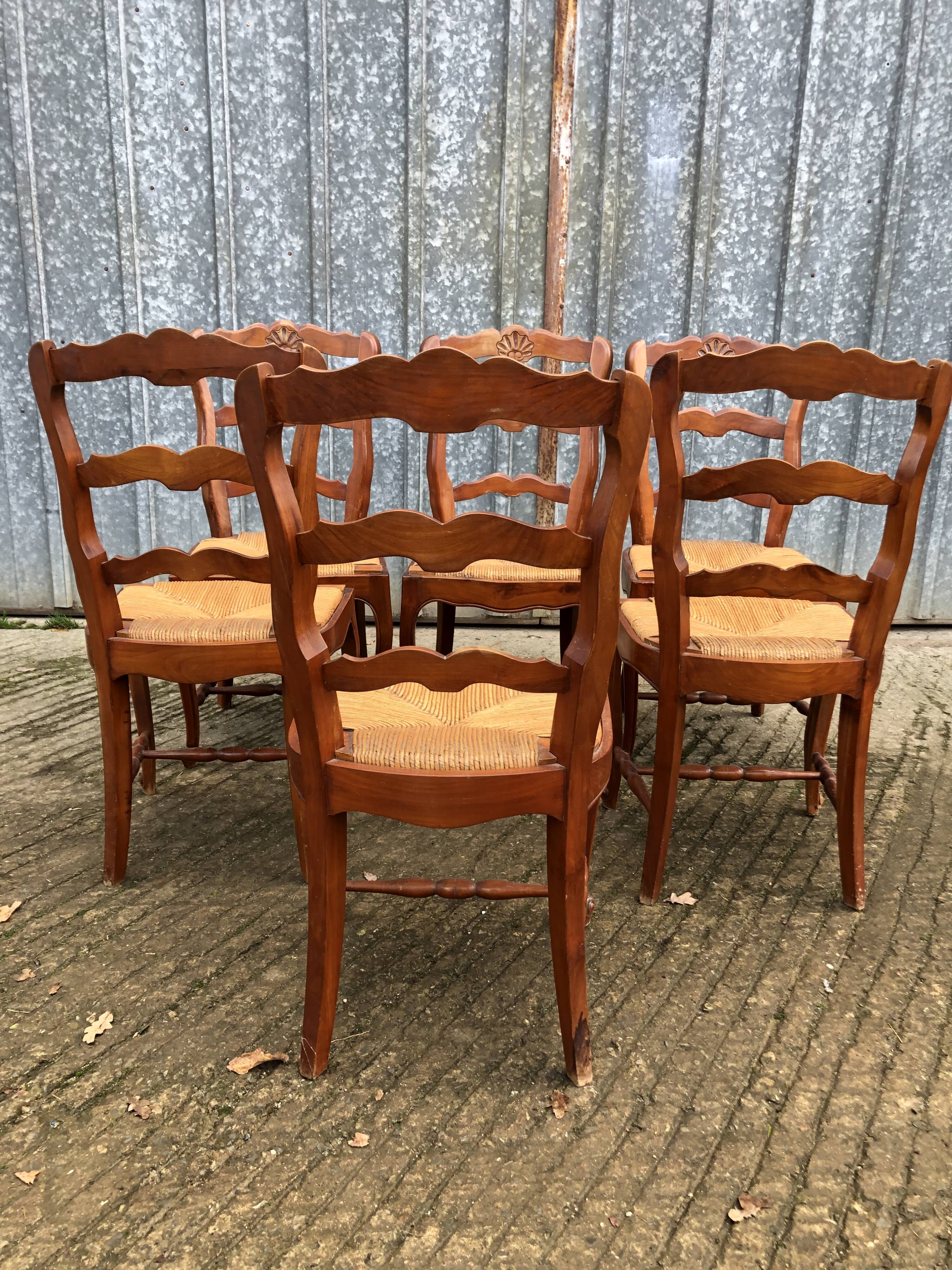 6 rush-seated chairs in solid cherry wood in Louis XV style