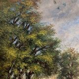 Old oil painting on canvas of a landscape by the pond.