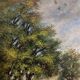 Old oil painting on canvas of a landscape by the pond.