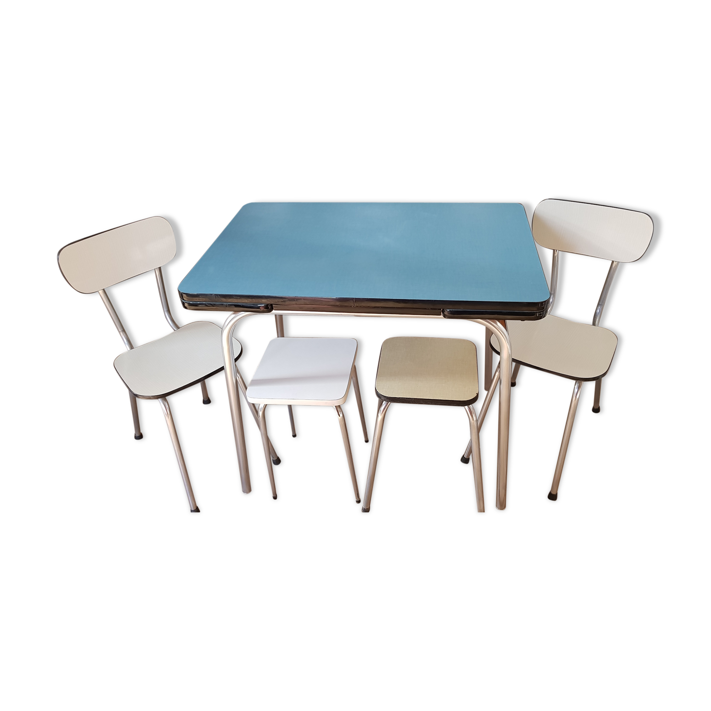 Formica extension table set, 2 chairs and 2 stools