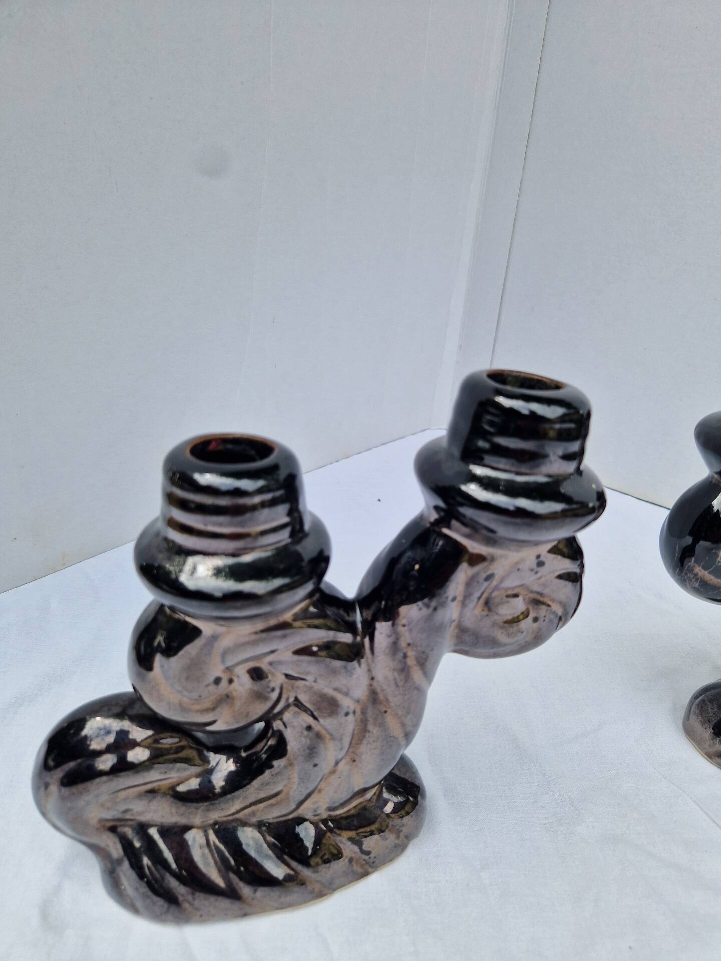 Set of 2 vintage two-light candle holders in Vallauris ceramic design.
