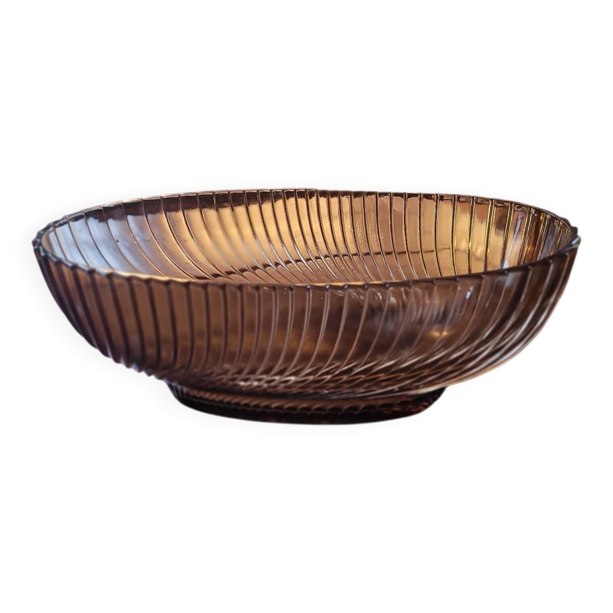 Smoked glass bowl with a radiating embossed pattern — 1970s