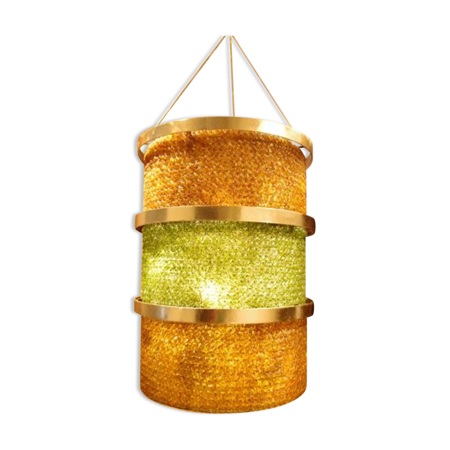 Hanging lamp in gilded iron and tassels of colored glass circa 1950