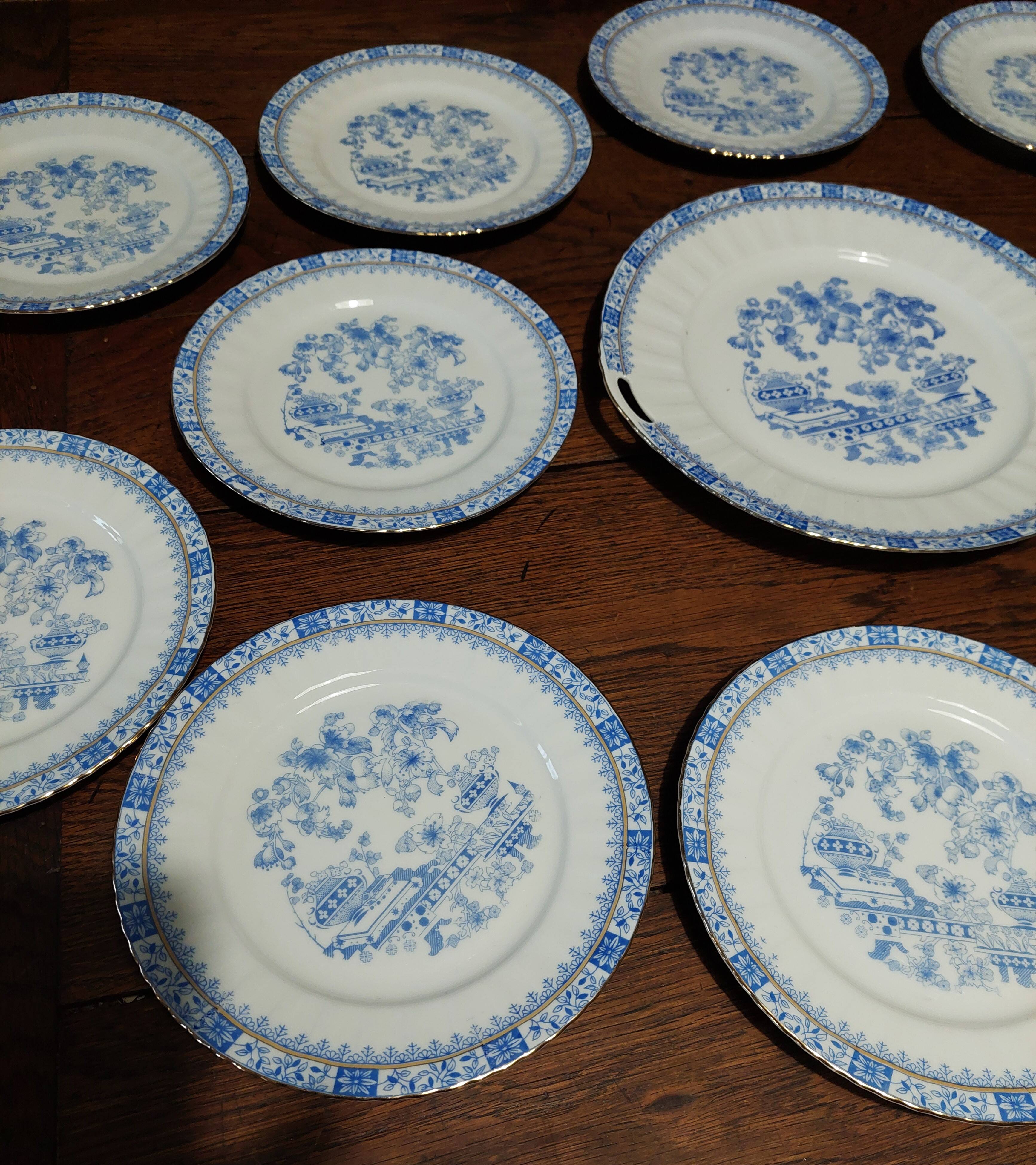 Dessert service twelve plates and round dish Bavaria China blau porcelain