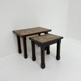 Set of 2 brutalist side tables solid oak wood with tile top , 1970s
