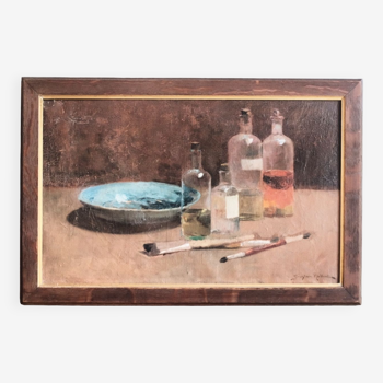 Still Life with Bottles, oil on canvas signed Halbart