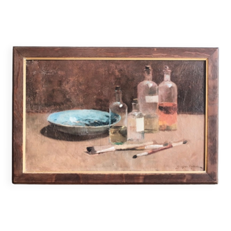 Still Life with Bottles, oil on canvas signed Halbart