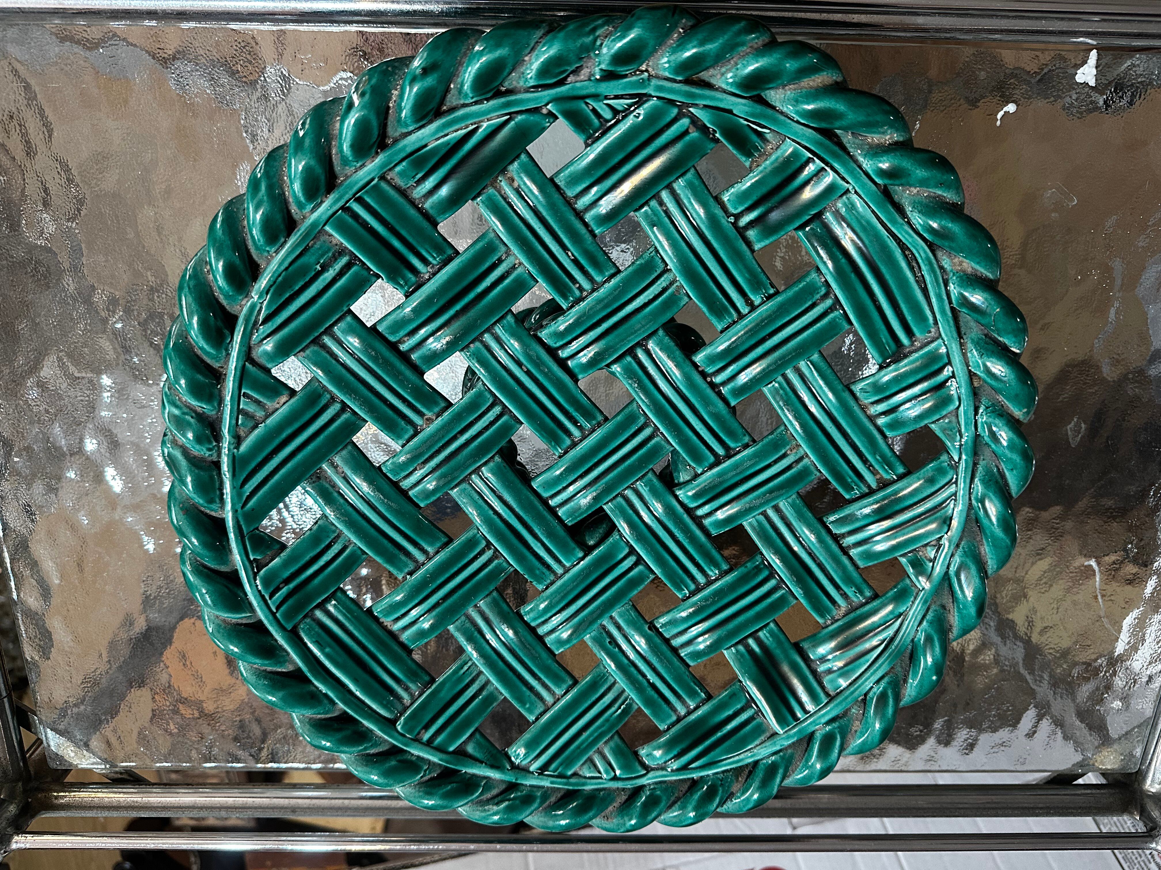 Large woven green ceramic bowl from the 1950s in Massier style - D 30