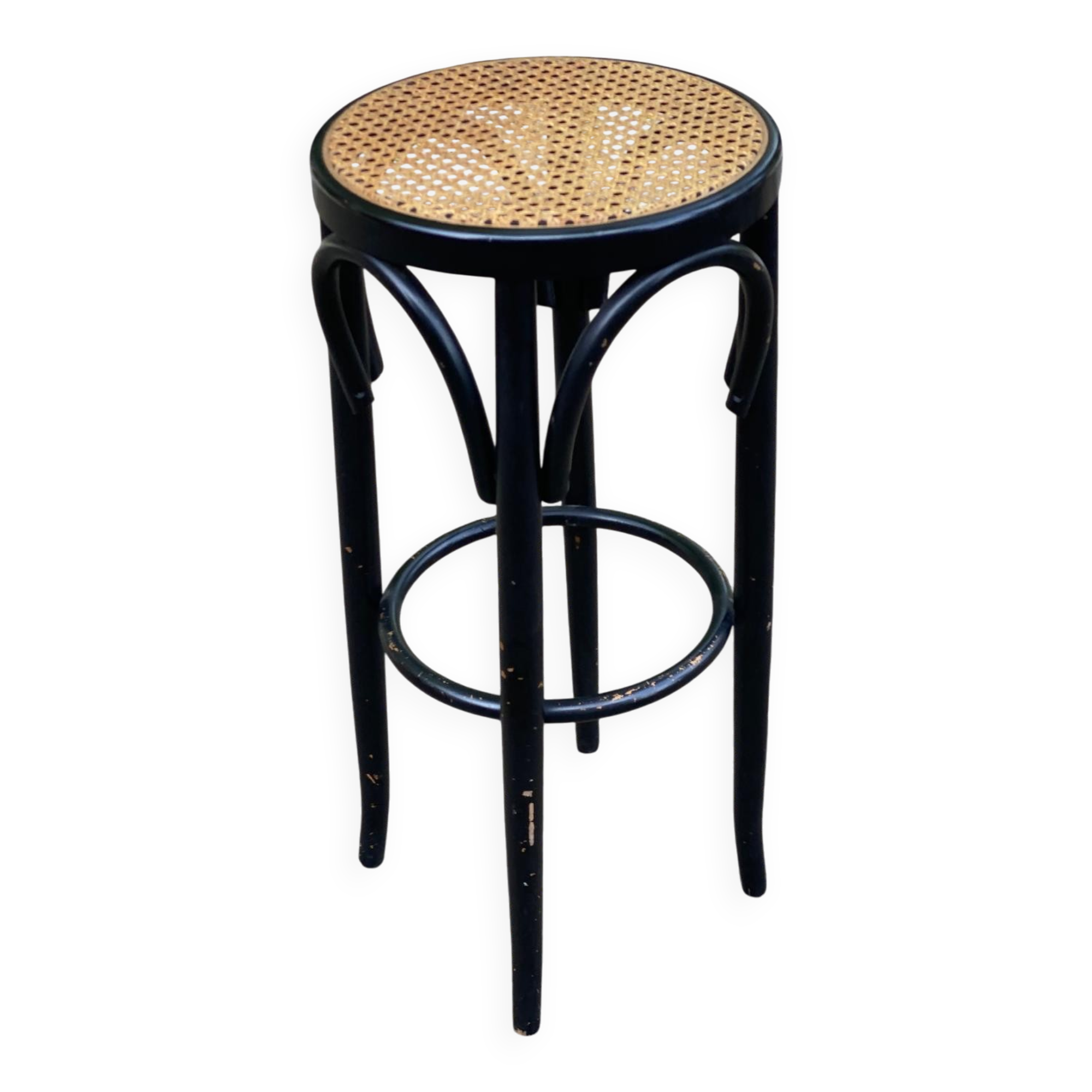High curved black caned wooden bistro bar stool