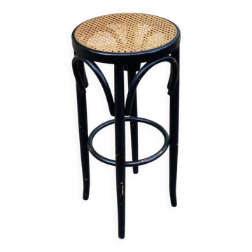 Tabouret de bar bistrot haut en bois courbé noir canné