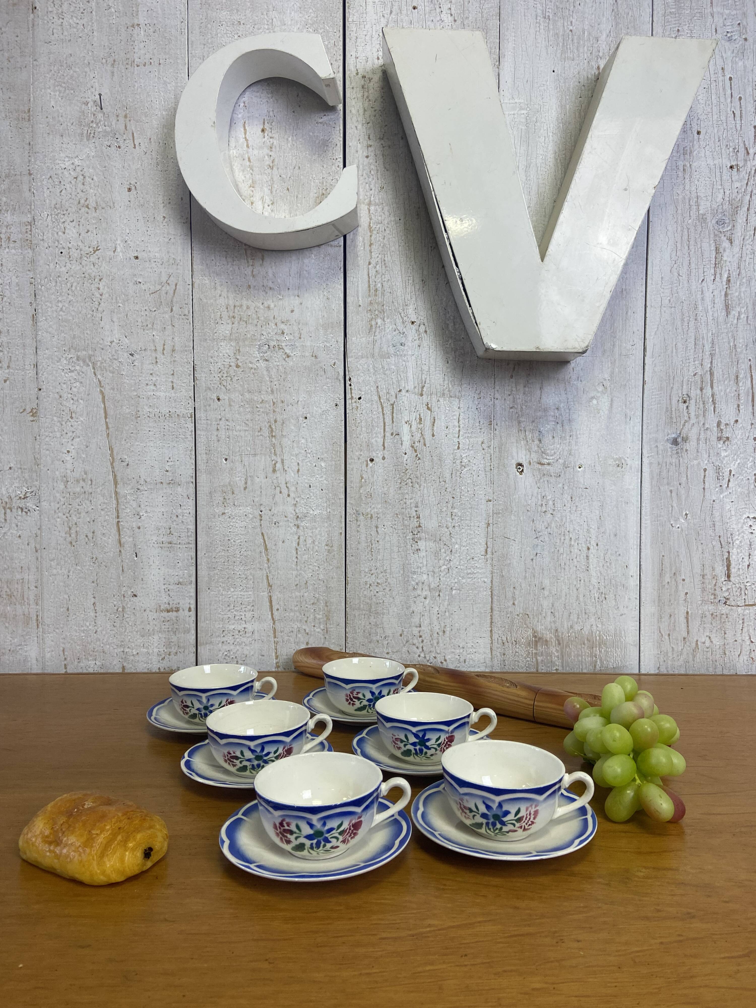 Set of 6 cups and saucers Sarreguemines "Elorn"