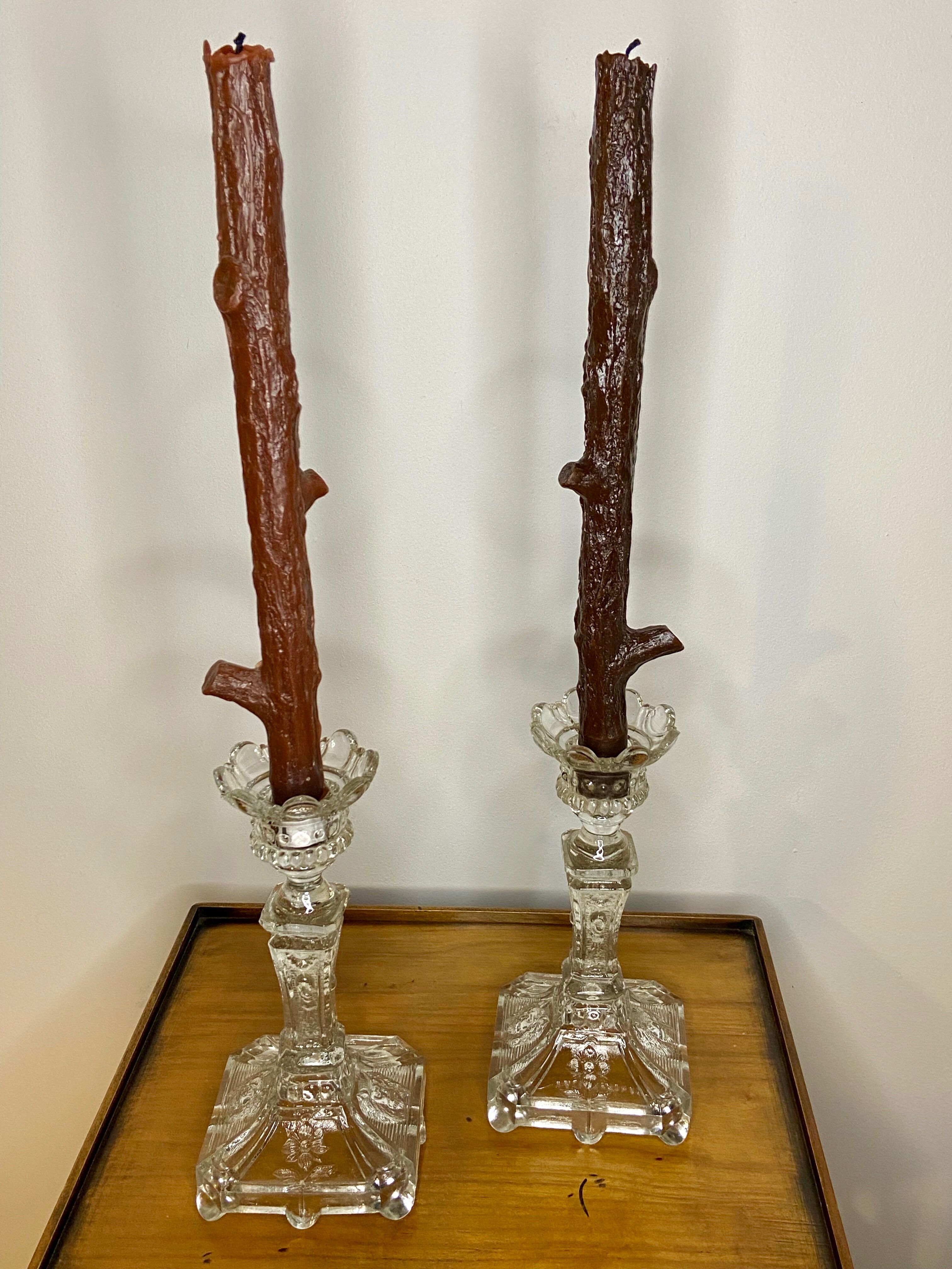 Pair of molded glass candle holders - Vallerysthal crystal