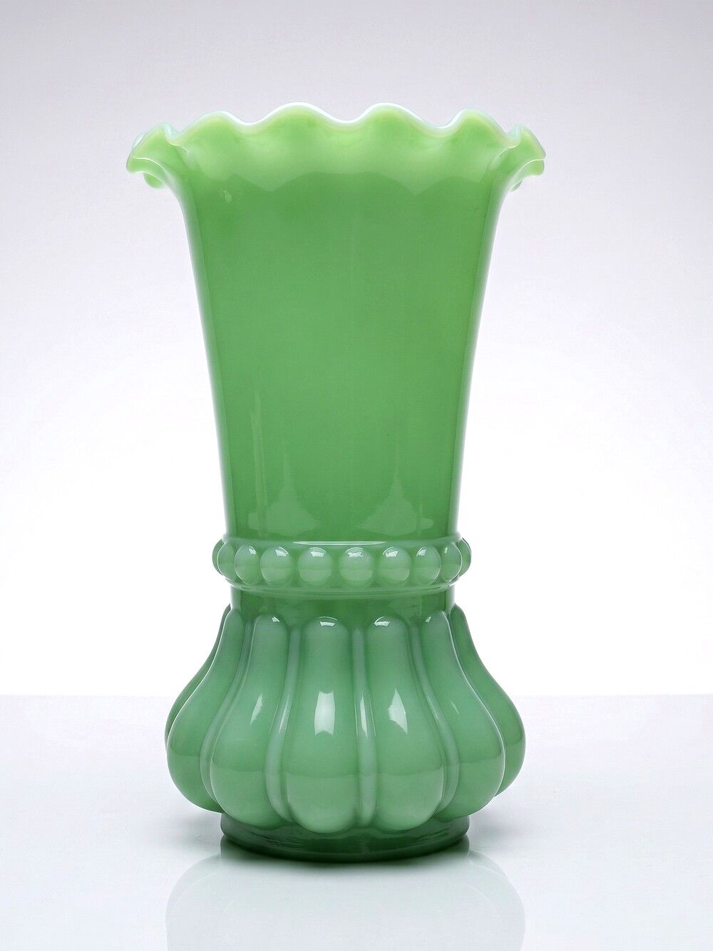 Large antique jade green opaline crystal vase, circa 1900-1930.
