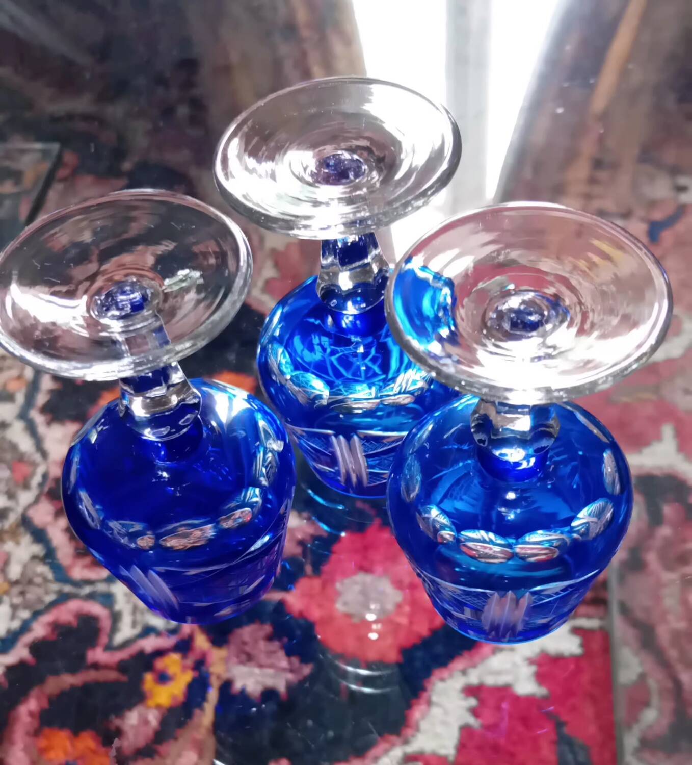 Bohemian blue crystal liqueur glasses
