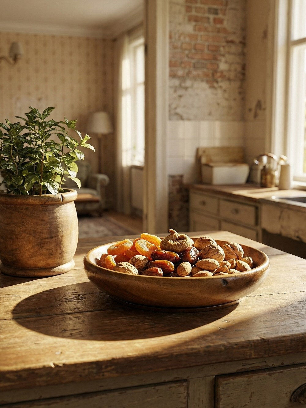 Teak or acacia wooden bowl, vintage craftsmanship from the 70s to 2000s.