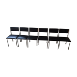 Set de 6 chaises vintage 70 piétement chrome assise Skaï noir