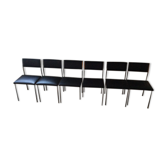 Set de 6 chaises vintage 70 piétement chrome assise Skaï noir