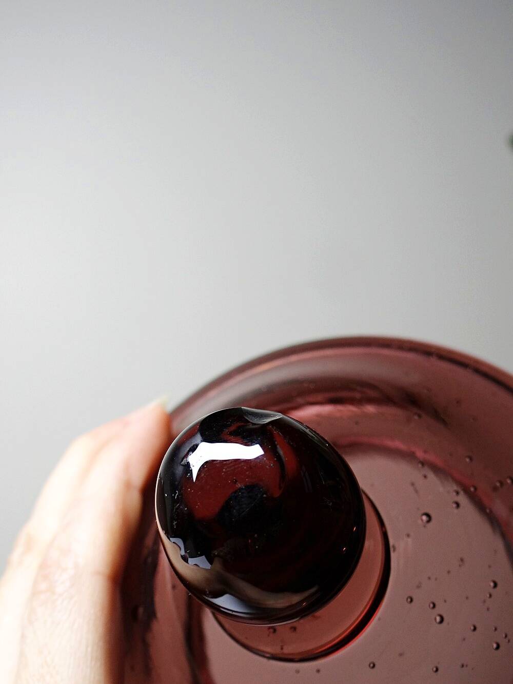 Pot, vintage purple plum bubble glass sweet jar in the style of Biot.