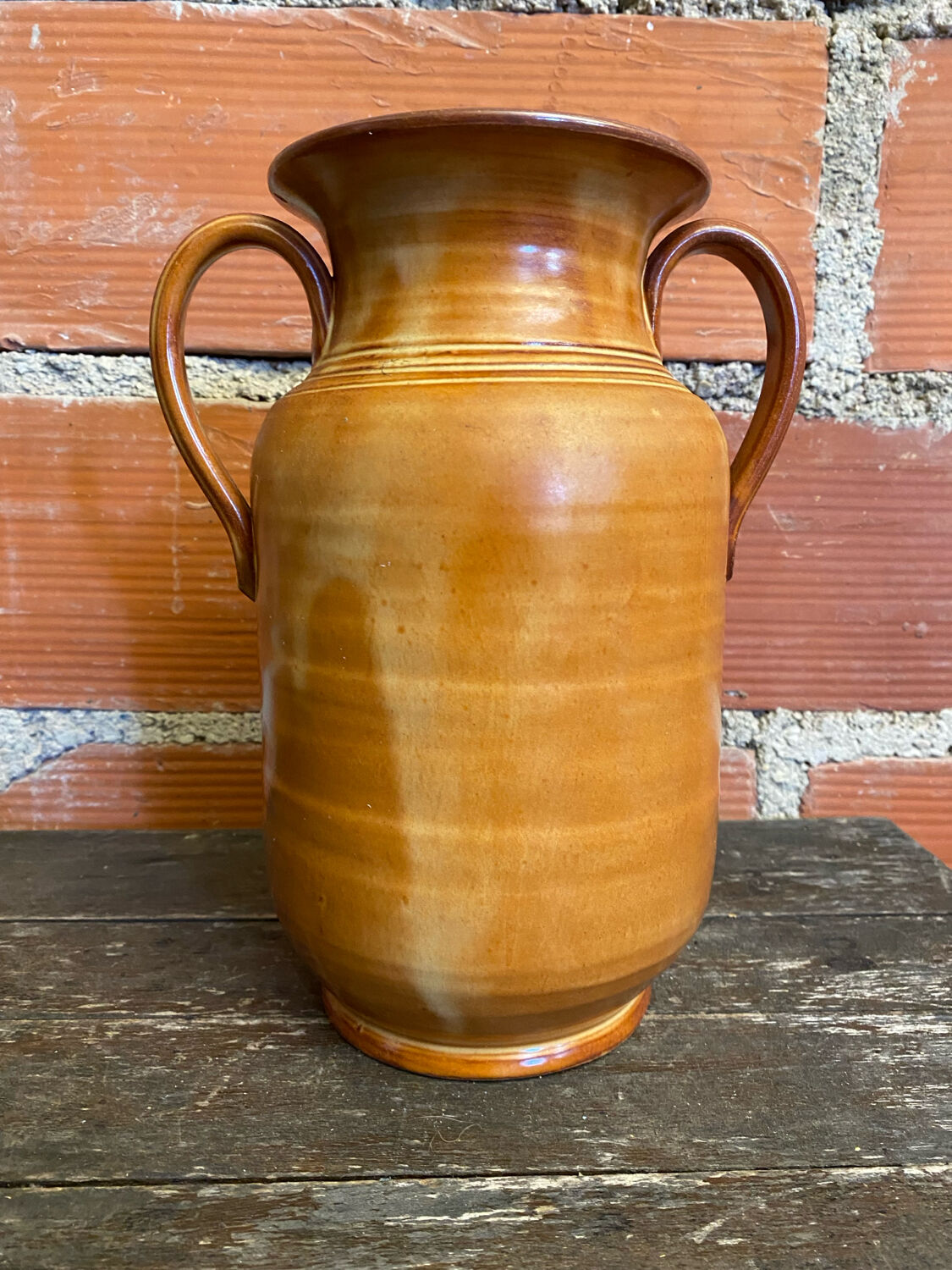 Vintage Beige Ceramic Handled Vase from the 1970s