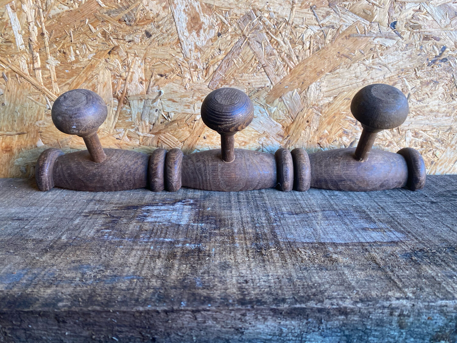 Vintage Wall Coat Rack x3 Wooden 1960s #D885