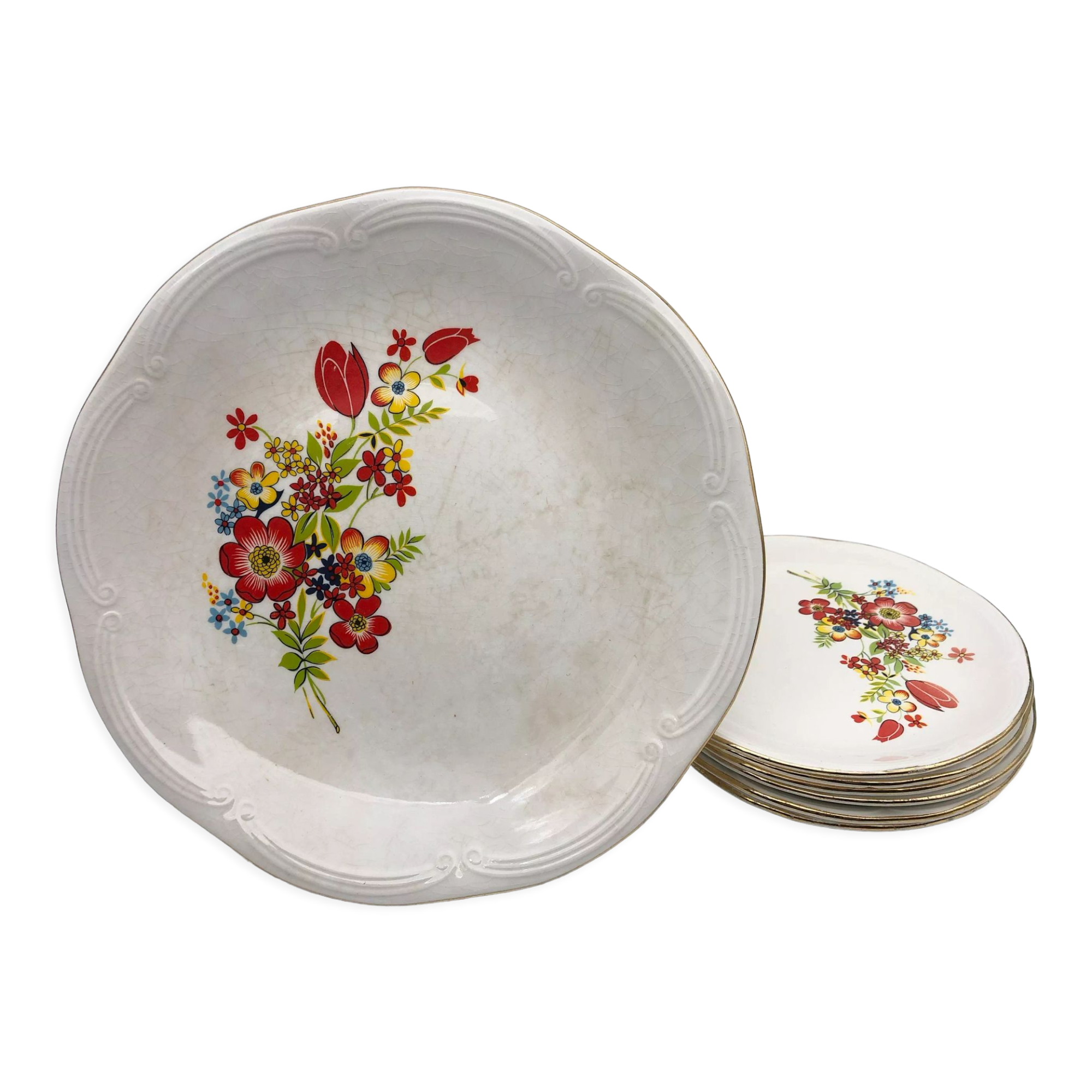 Gien - Riviera model, 6 dessert plates with serving dish.